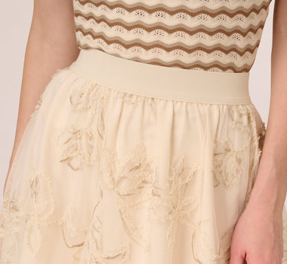 Floral Mesh Overlay A Line Midi Skirt In Ivory