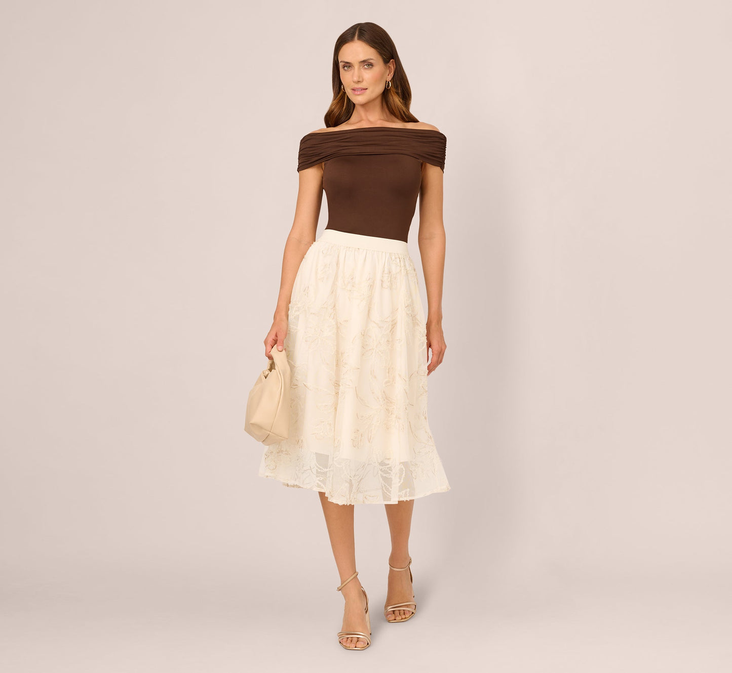 Floral Mesh Overlay A Line Midi Skirt In Ivory