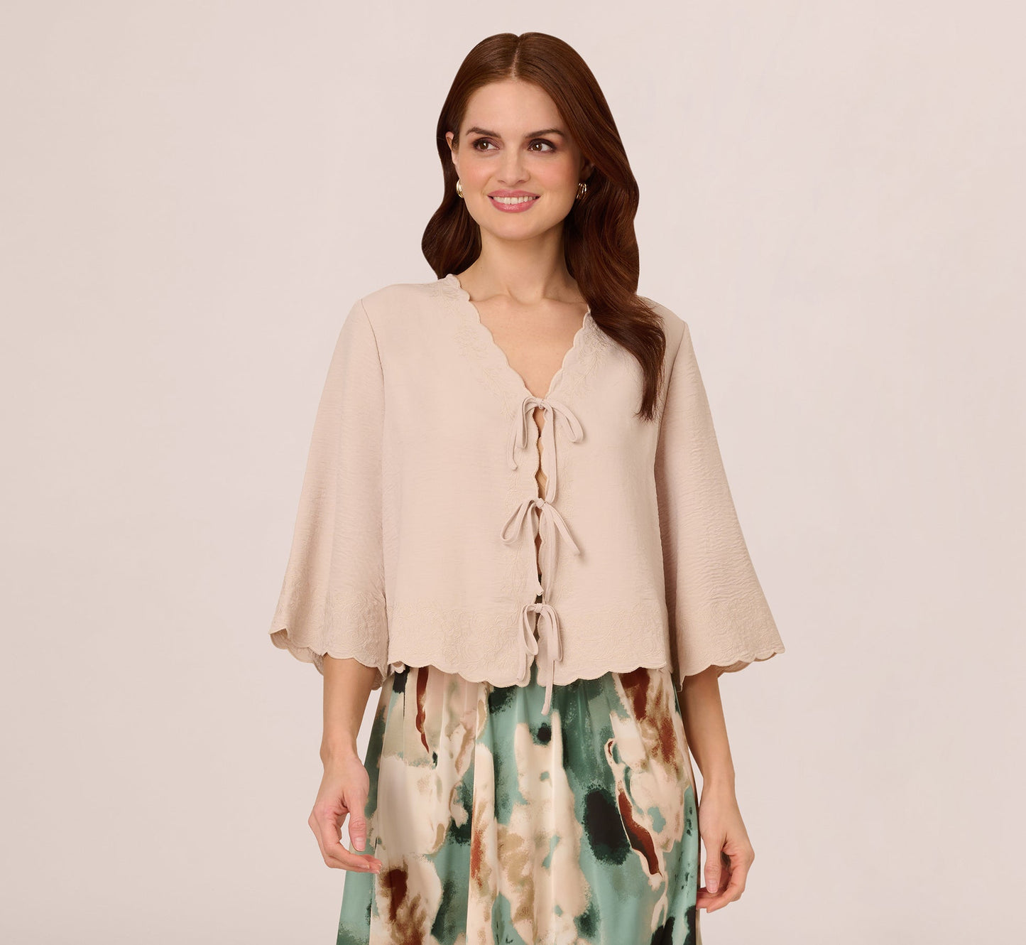 V Neck Bell Sleeve Tie Front Top In Pebble