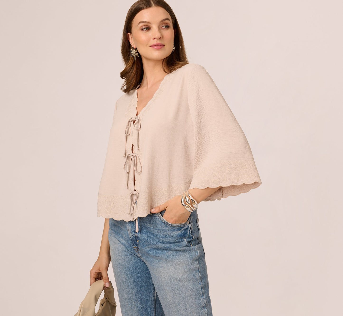 V Neck Bell Sleeve Tie Front Top In Pebble