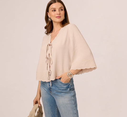 V Neck Bell Sleeve Tie Front Top In Pebble