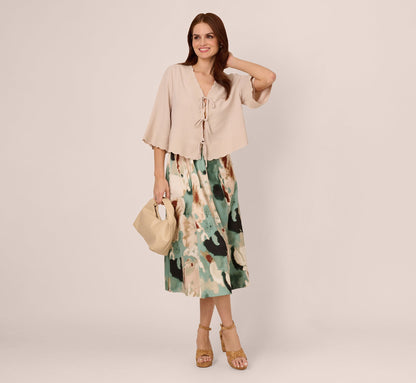 V Neck Bell Sleeve Tie Front Top In Pebble