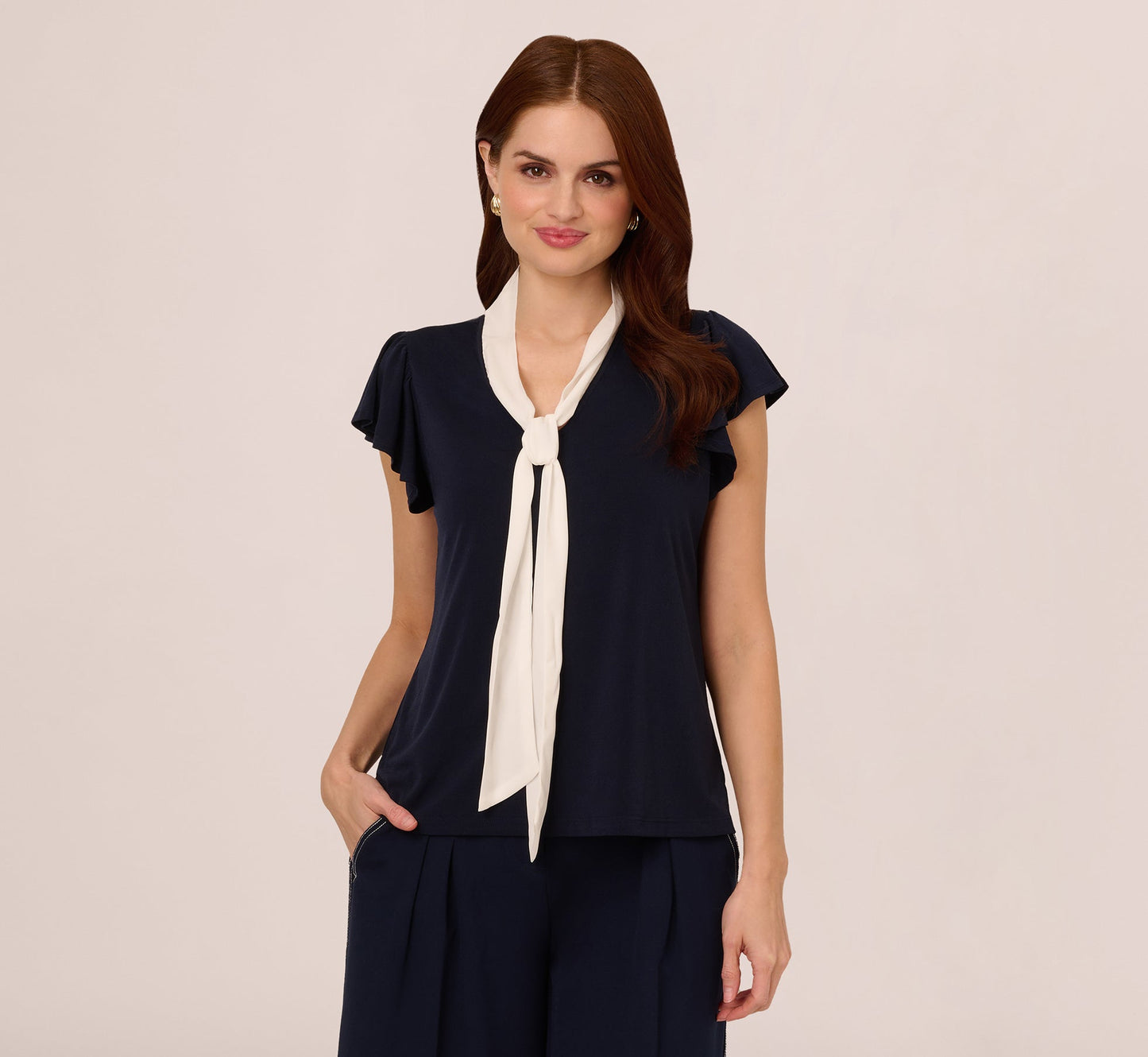 Flutter Sleeve Tie Neck Knit Top In Navy Ivory