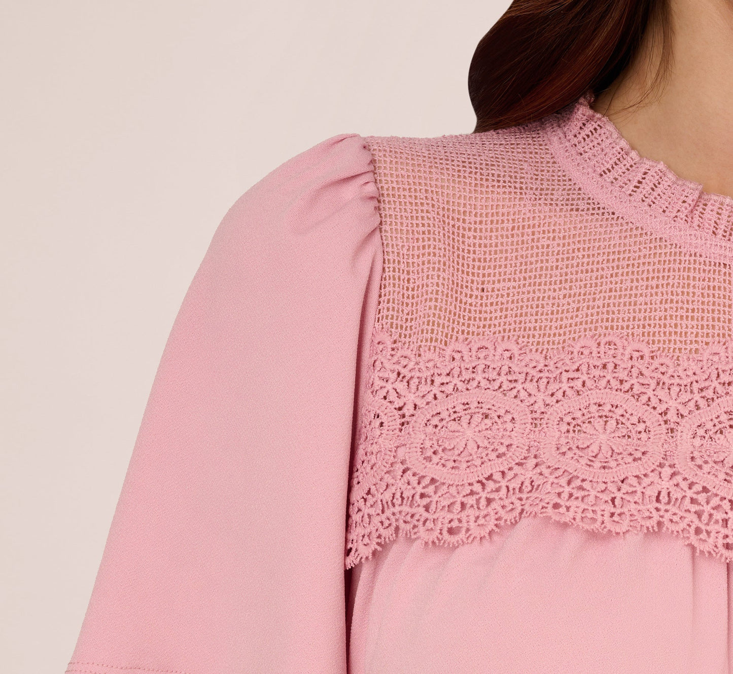 Flutter Sleeve Lace Yoke Trapeze Top In Pink Nectar