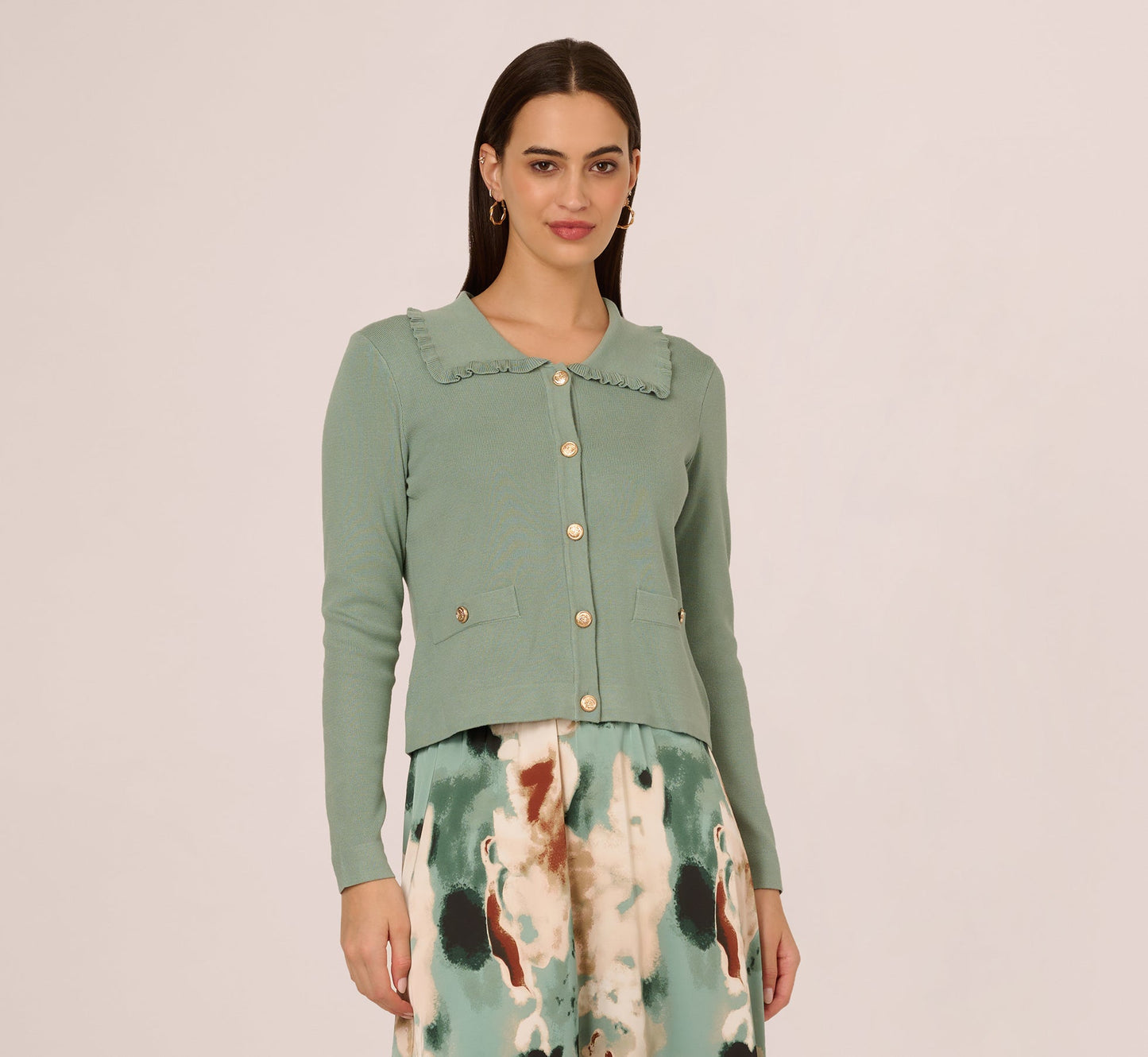 Ruffle Sailor Collar Cardigan In Sage Milieu