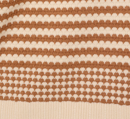 Three Quarter Sleeve Stripe Knit Sweater Top In Cream Camel
