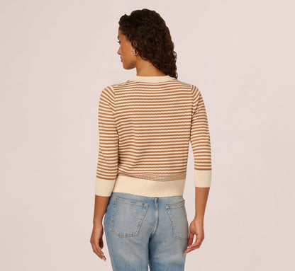 Three Quarter Sleeve Stripe Knit Sweater Top In Cream Camel