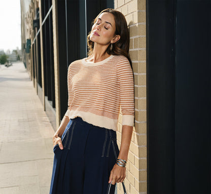 Three Quarter Sleeve Stripe Knit Sweater Top In Cream Camel