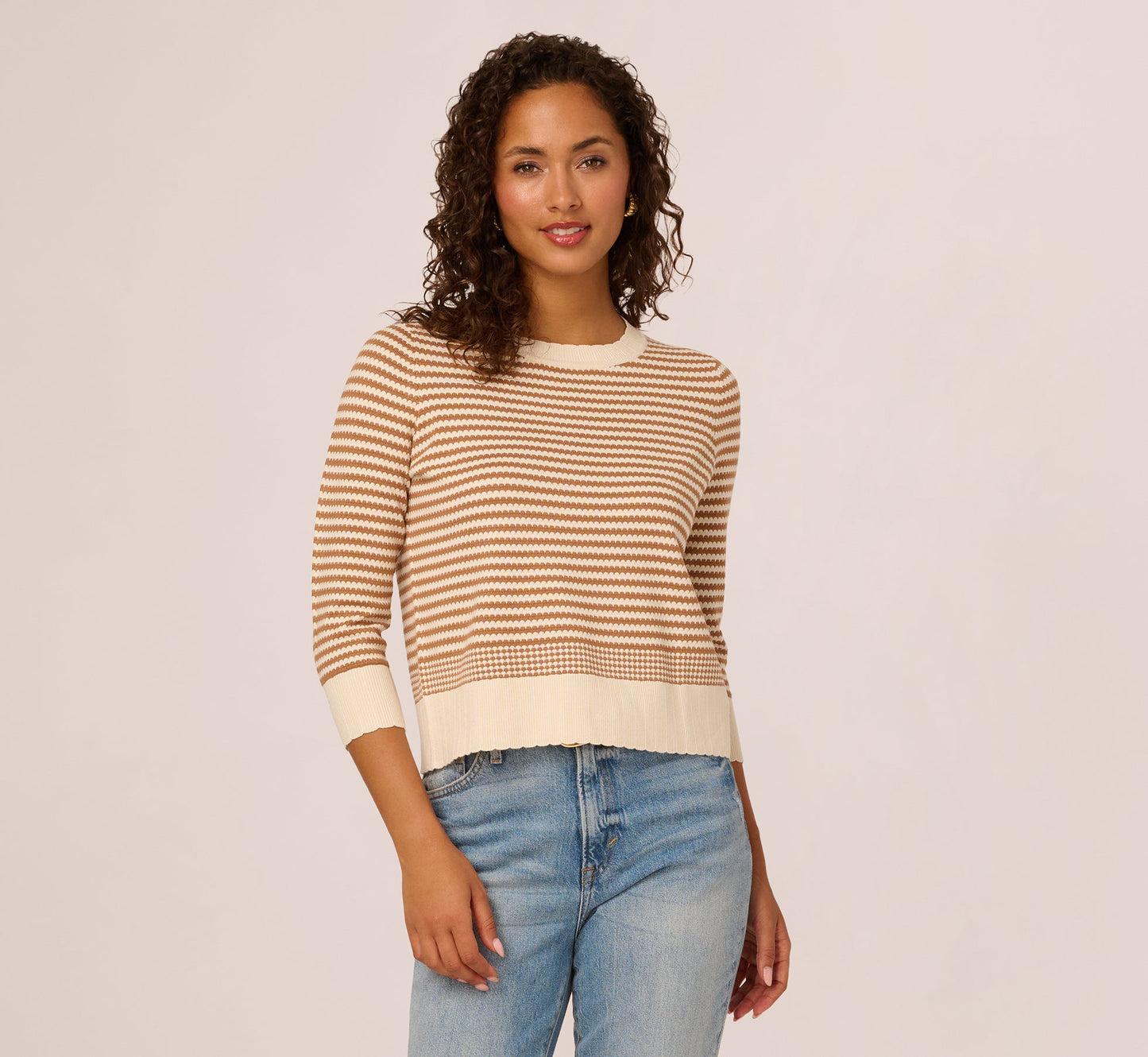 Three Quarter Sleeve Stripe Knit Sweater Top In Cream Camel