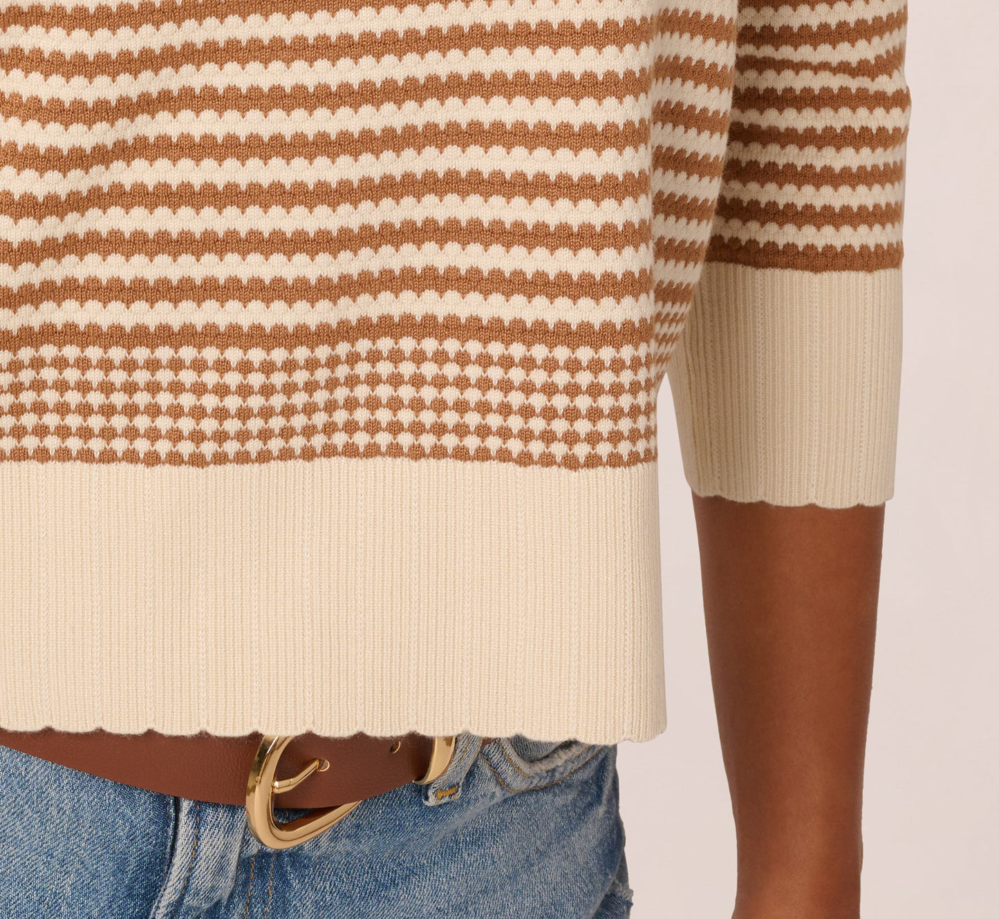 Three Quarter Sleeve Stripe Knit Sweater Top In Cream Camel