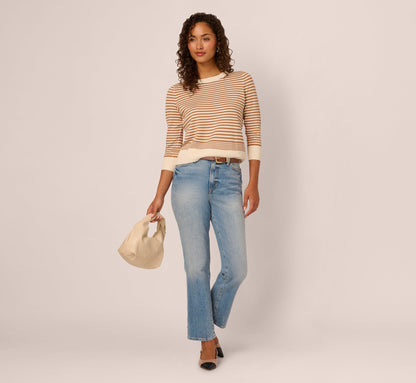 Three Quarter Sleeve Stripe Knit Sweater Top In Cream Camel