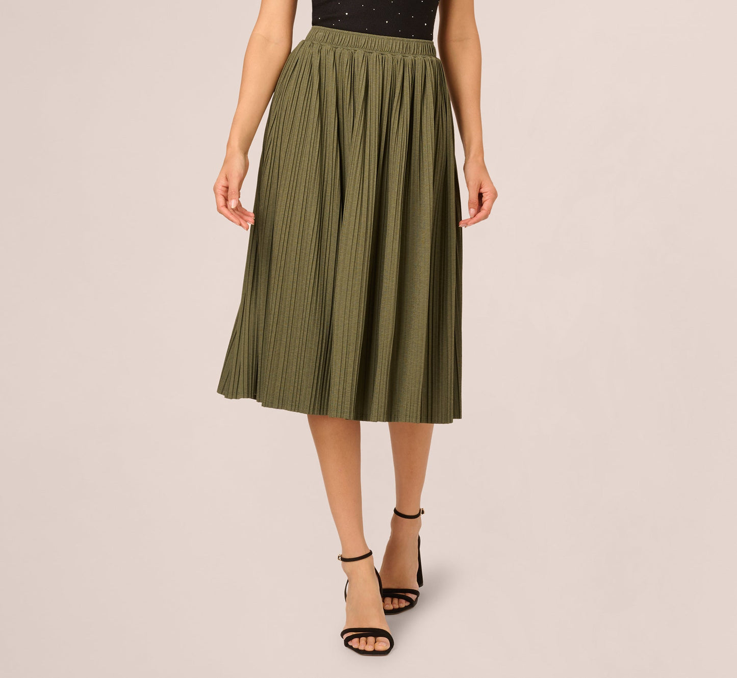 Micropleated Printed A Line Midi Skirt In Olivine