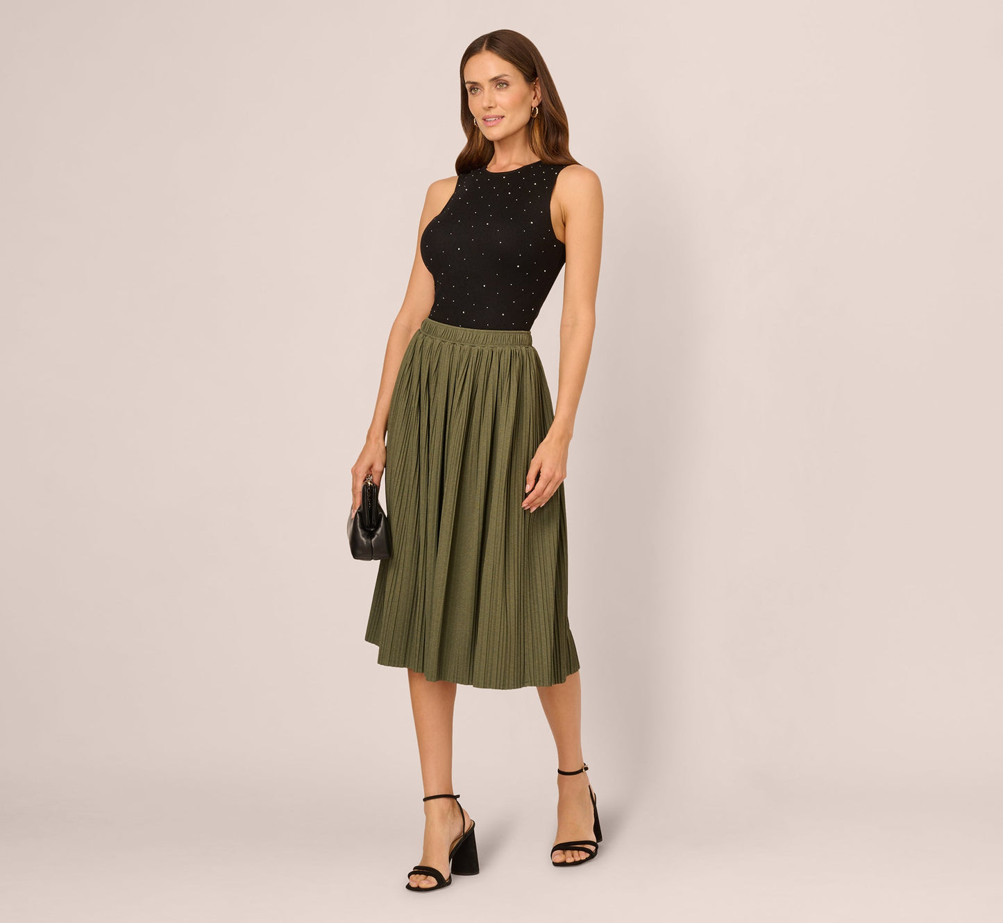 Micropleated Printed A Line Midi Skirt In Olivine