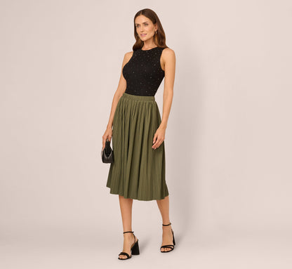 Micropleated Printed A Line Midi Skirt In Olivine