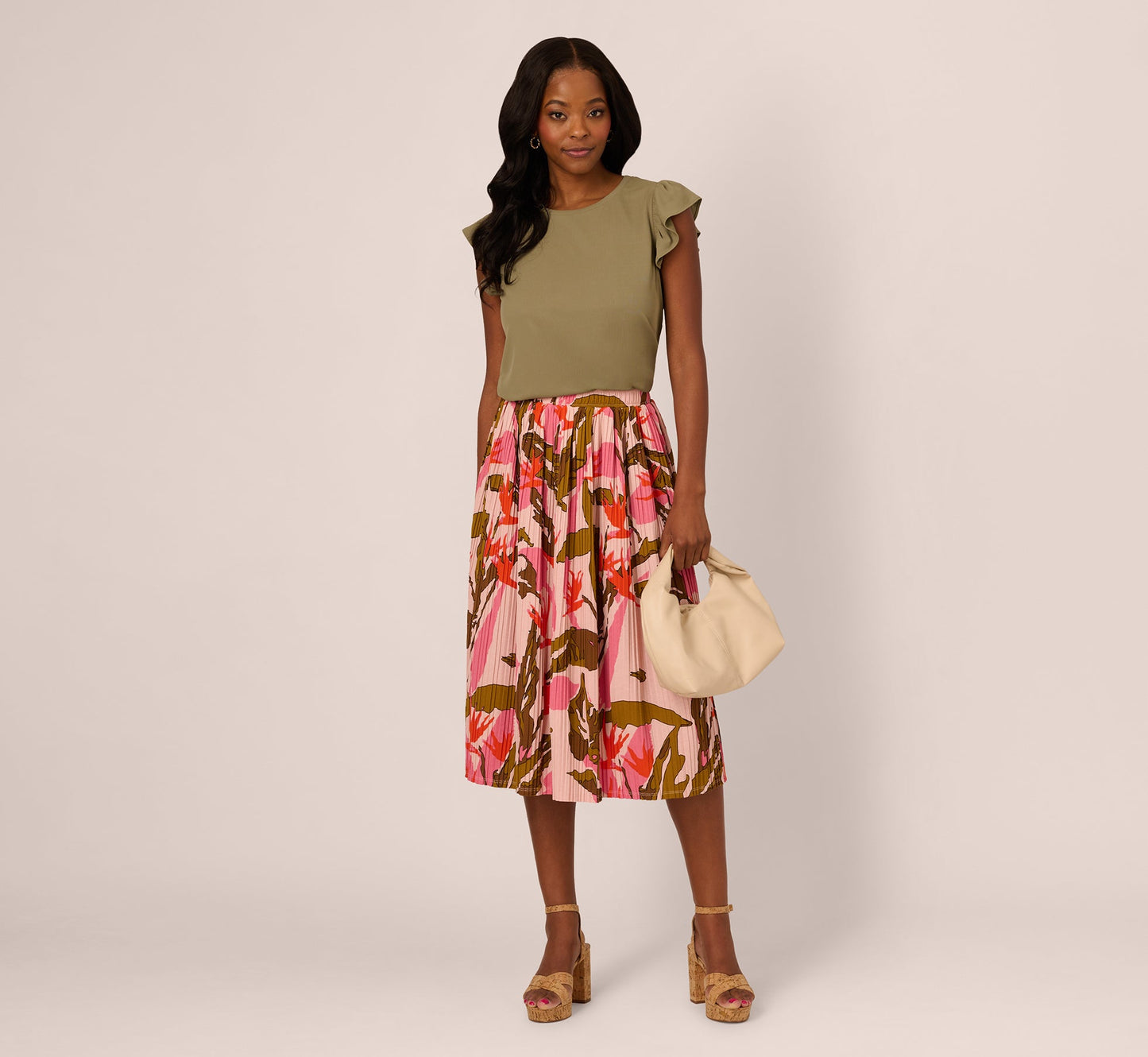 Micropleated Printed A Line Midi Skirt In Pale Mauve Botanic Flora