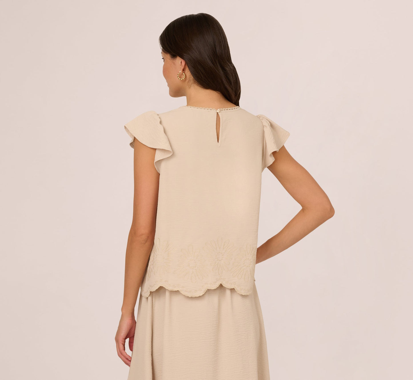 Flutter Sleeve Embroidery Scalloped Hem Top In Bamboo Wood