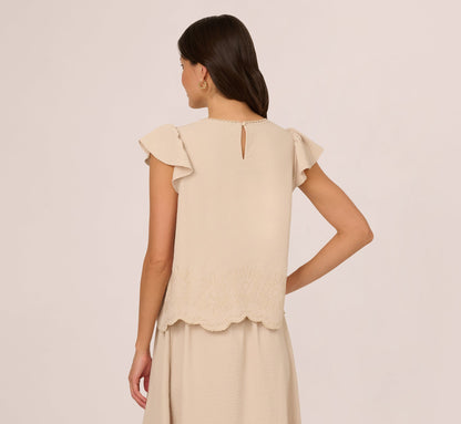 Flutter Sleeve Embroidery Scalloped Hem Top In Bamboo Wood
