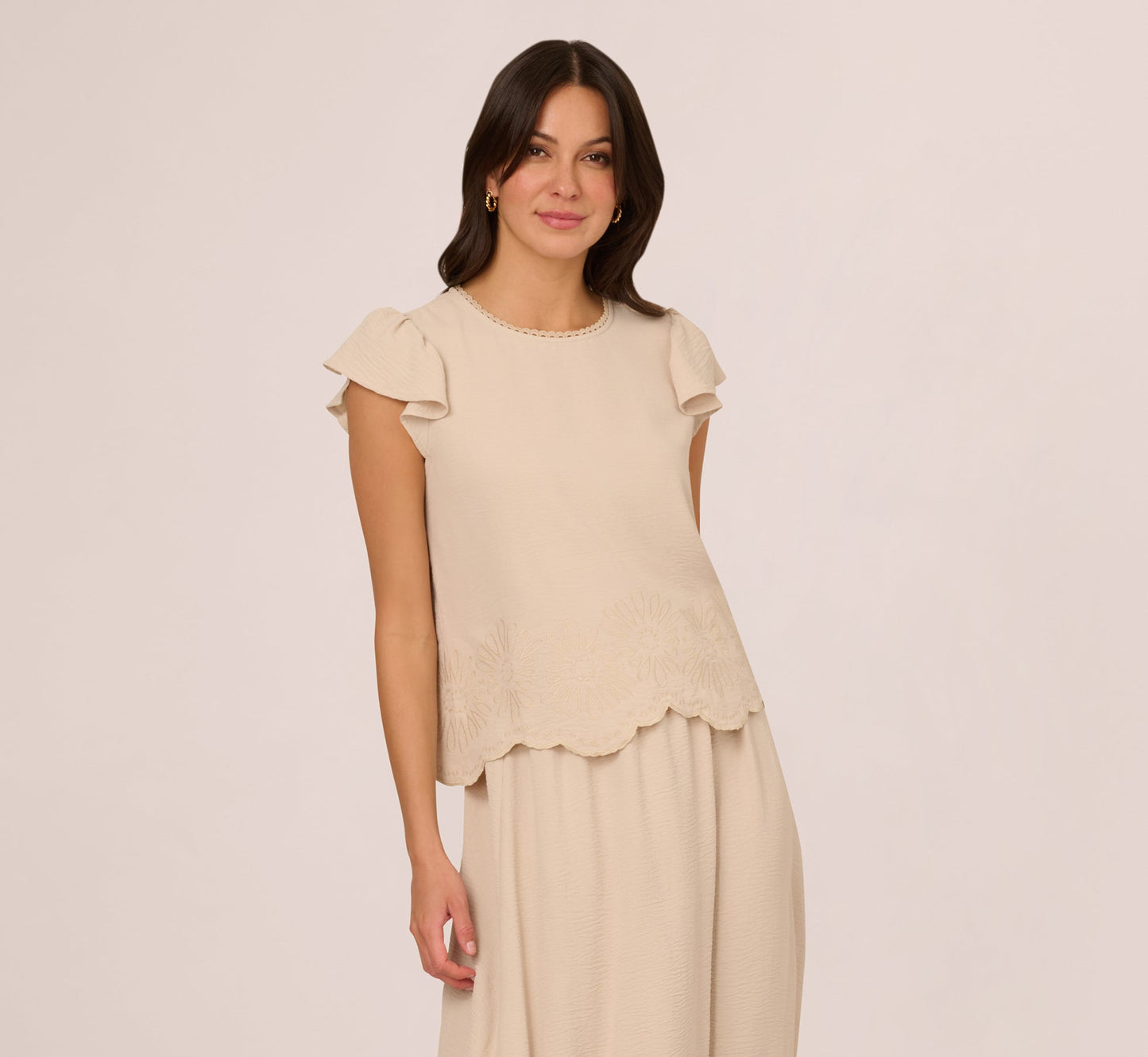 Flutter Sleeve Embroidery Scalloped Hem Top In Bamboo Wood