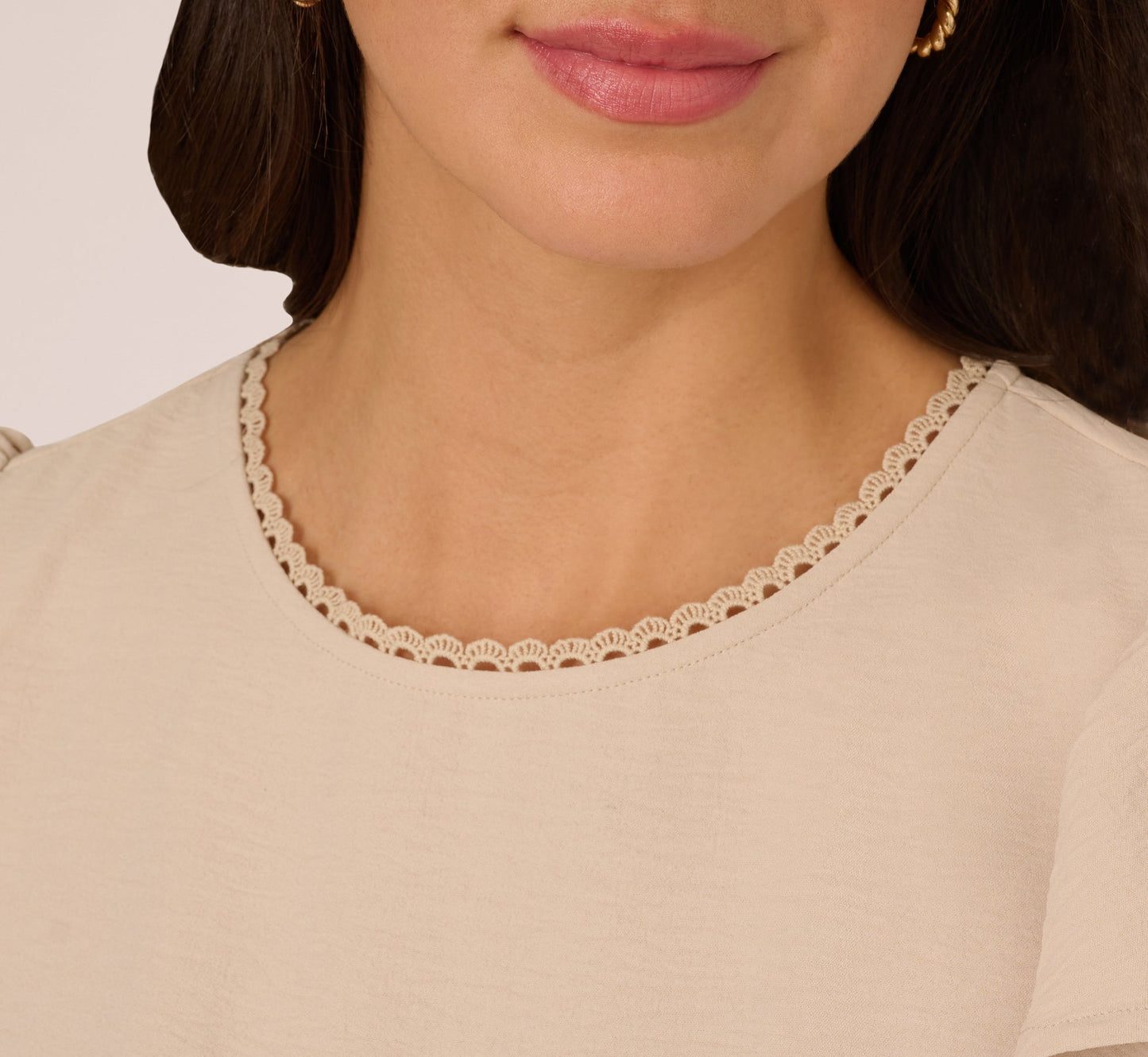 Flutter Sleeve Embroidery Scalloped Hem Top In Bamboo Wood