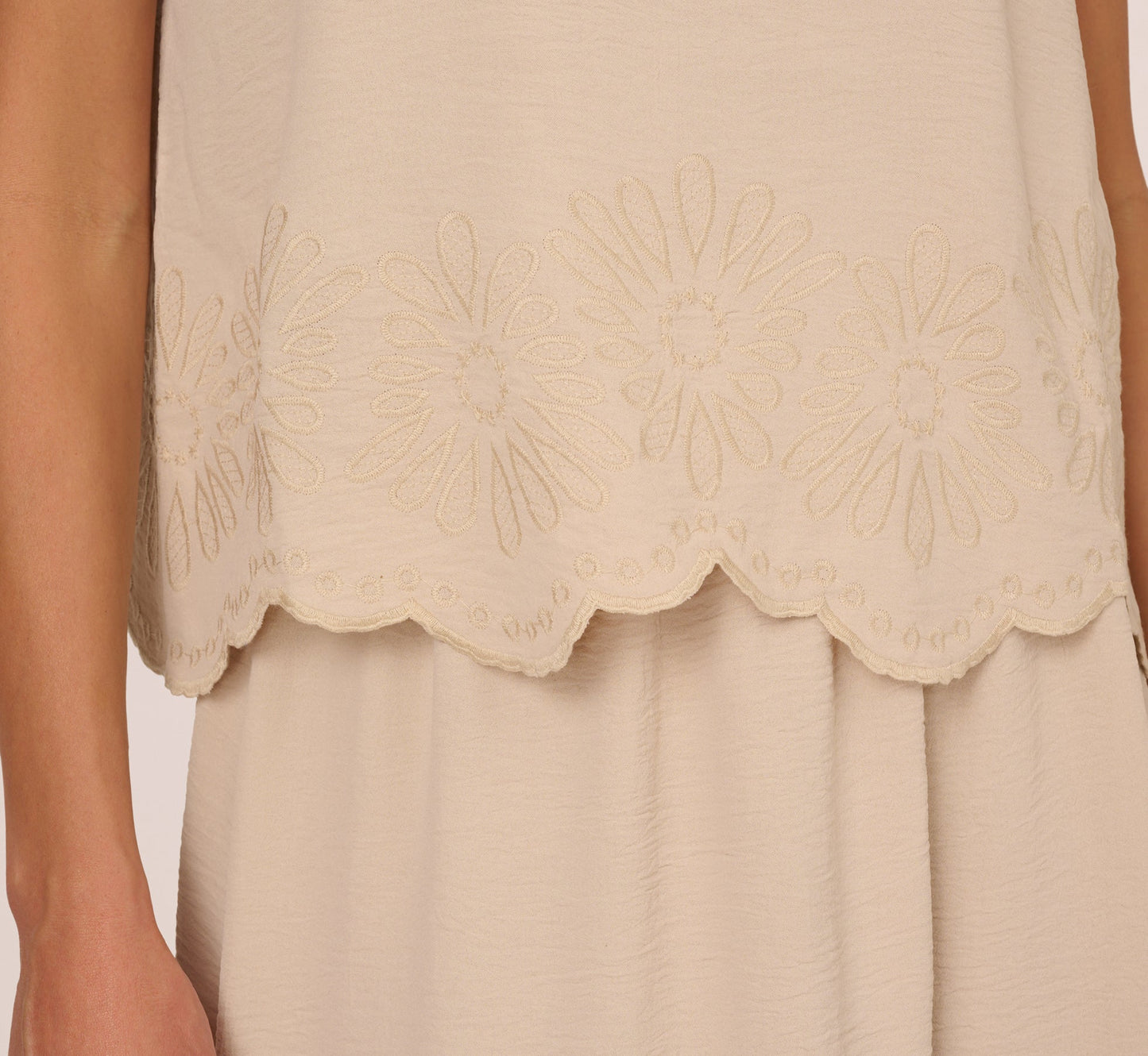 Flutter Sleeve Embroidery Scalloped Hem Top In Bamboo Wood