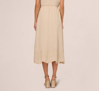 Embroidery Scalloped Hem Midi Skirt In Bamboo Wood