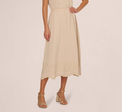 Embroidery Scalloped Hem Midi Skirt In Bamboo Wood