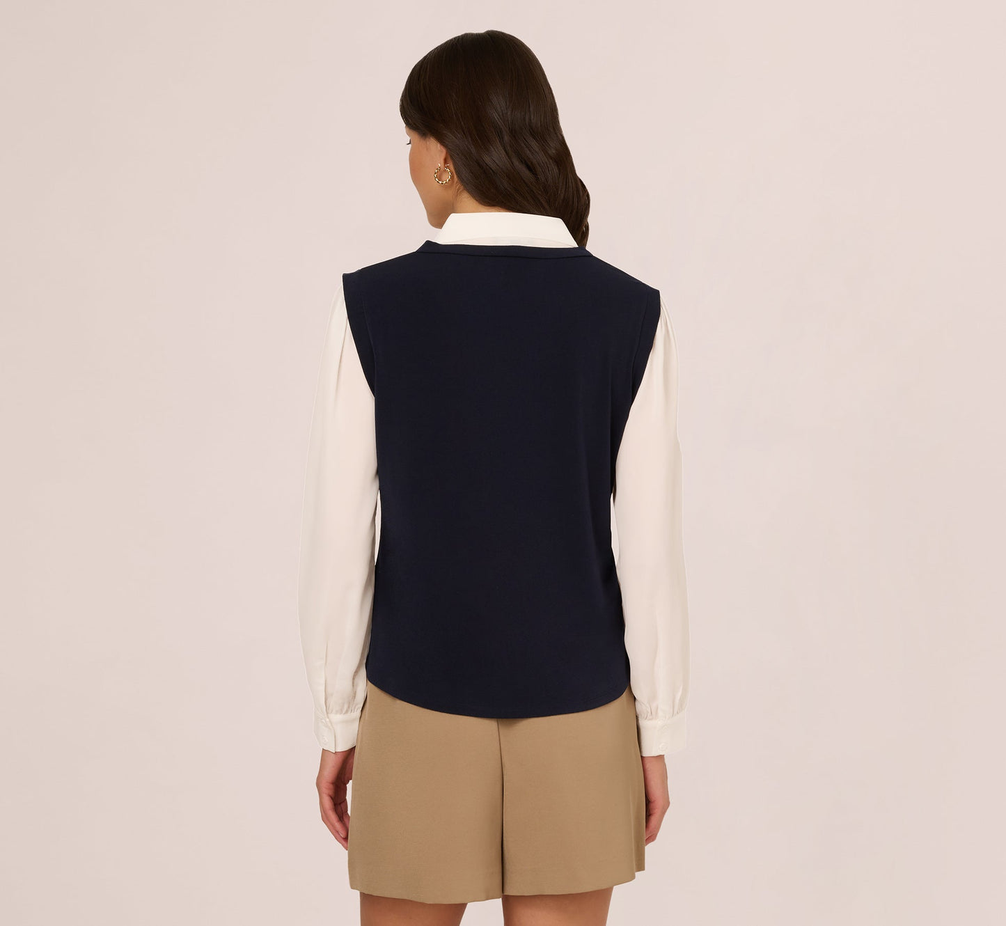 Long Sleeve Collared Sweater Vest Twofer Top In Navy Ivory