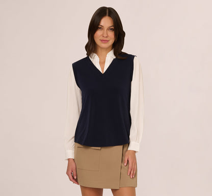 Long Sleeve Collared Sweater Vest Twofer Top In Navy Ivory