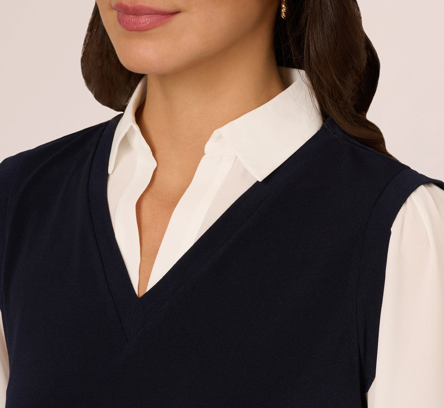 Long Sleeve Collared Sweater Vest Twofer Top In Navy Ivory