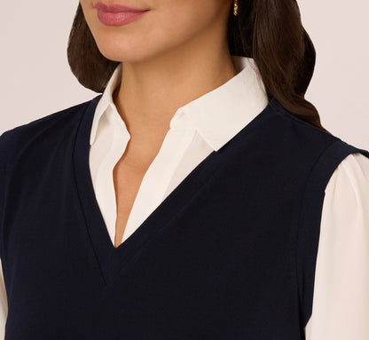 Long Sleeve Collared Sweater Vest Twofer Top In Navy Ivory