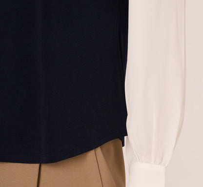 Long Sleeve Collared Sweater Vest Twofer Top In Navy Ivory