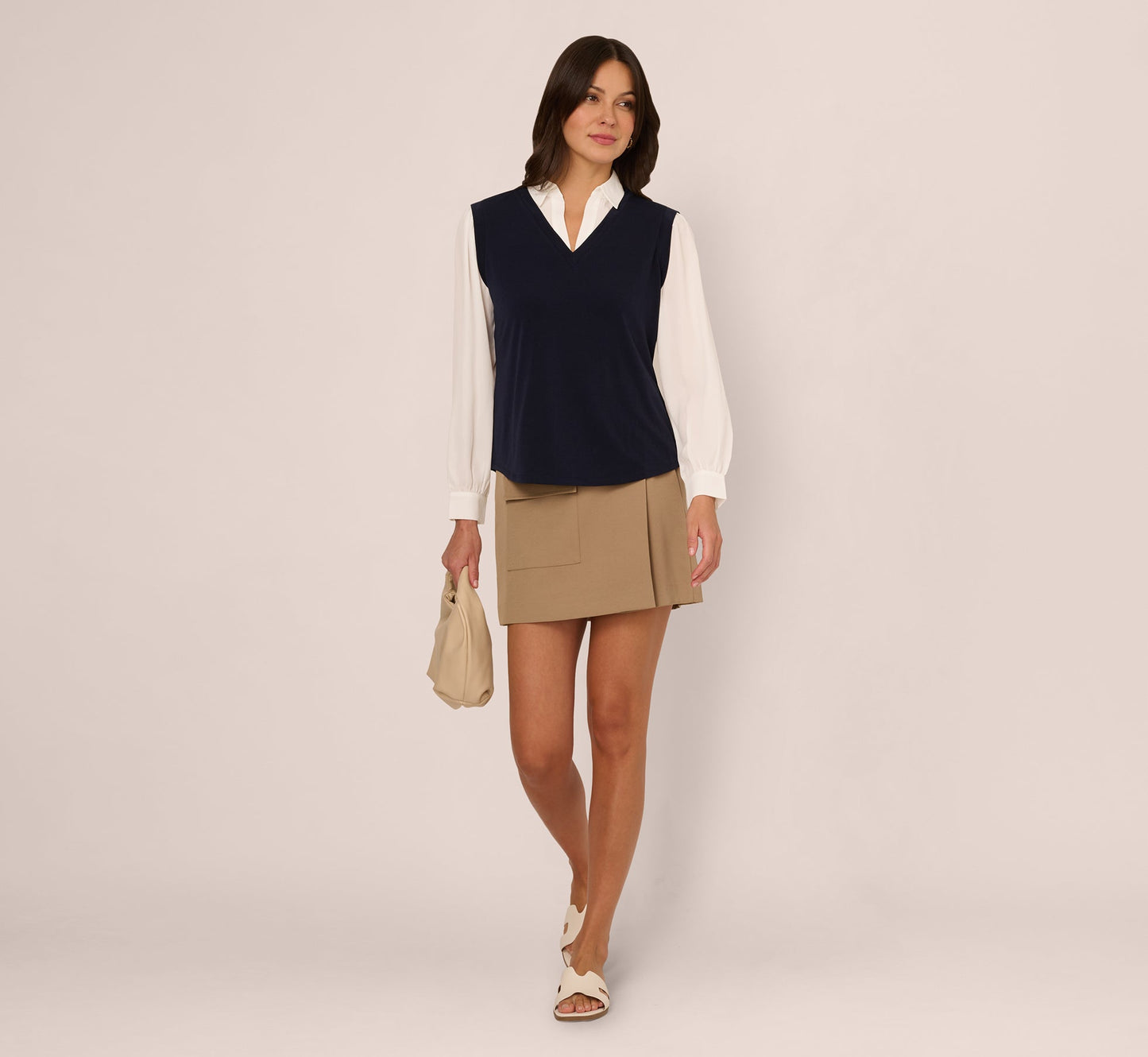 Long Sleeve Collared Sweater Vest Twofer Top In Navy Ivory