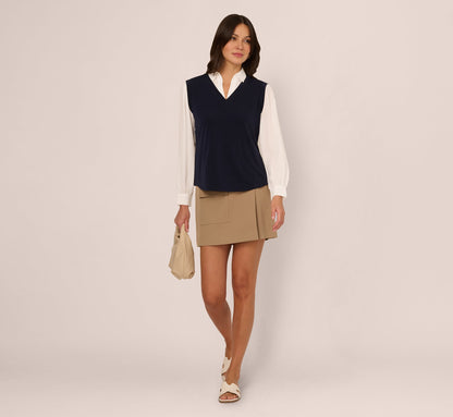 Long Sleeve Collared Sweater Vest Twofer Top In Navy Ivory