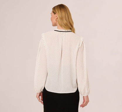 Bishop Sleeve Polka Dot Tie Neck Blouse In Ivory Miniature Dot