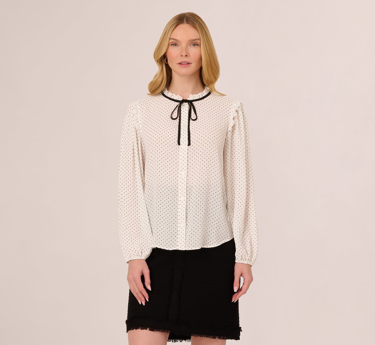 Bishop Sleeve Polka Dot Tie Neck Blouse In Ivory Miniature Dot