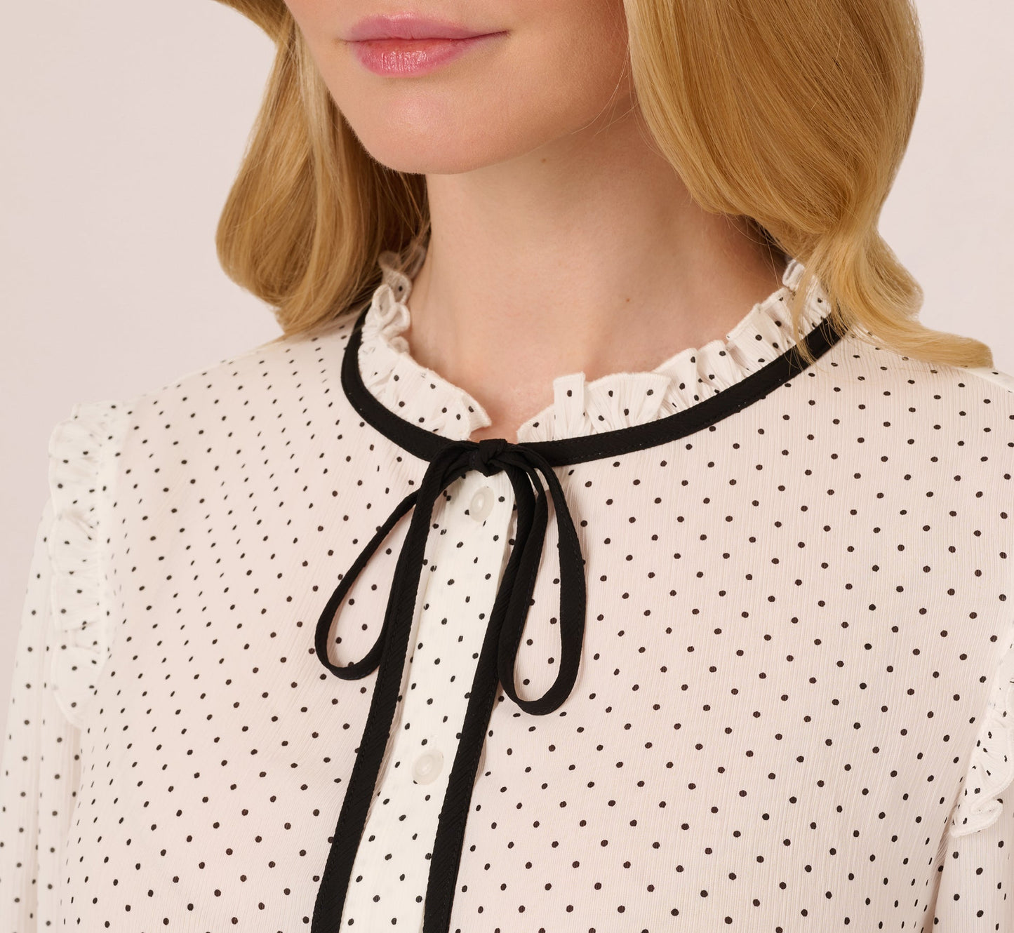 Bishop Sleeve Polka Dot Tie Neck Blouse In Ivory Miniature Dot