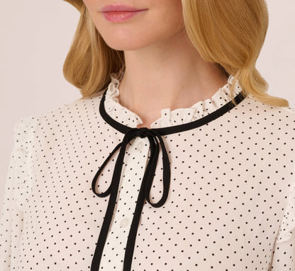 Bishop Sleeve Polka Dot Tie Neck Blouse In Ivory Miniature Dot