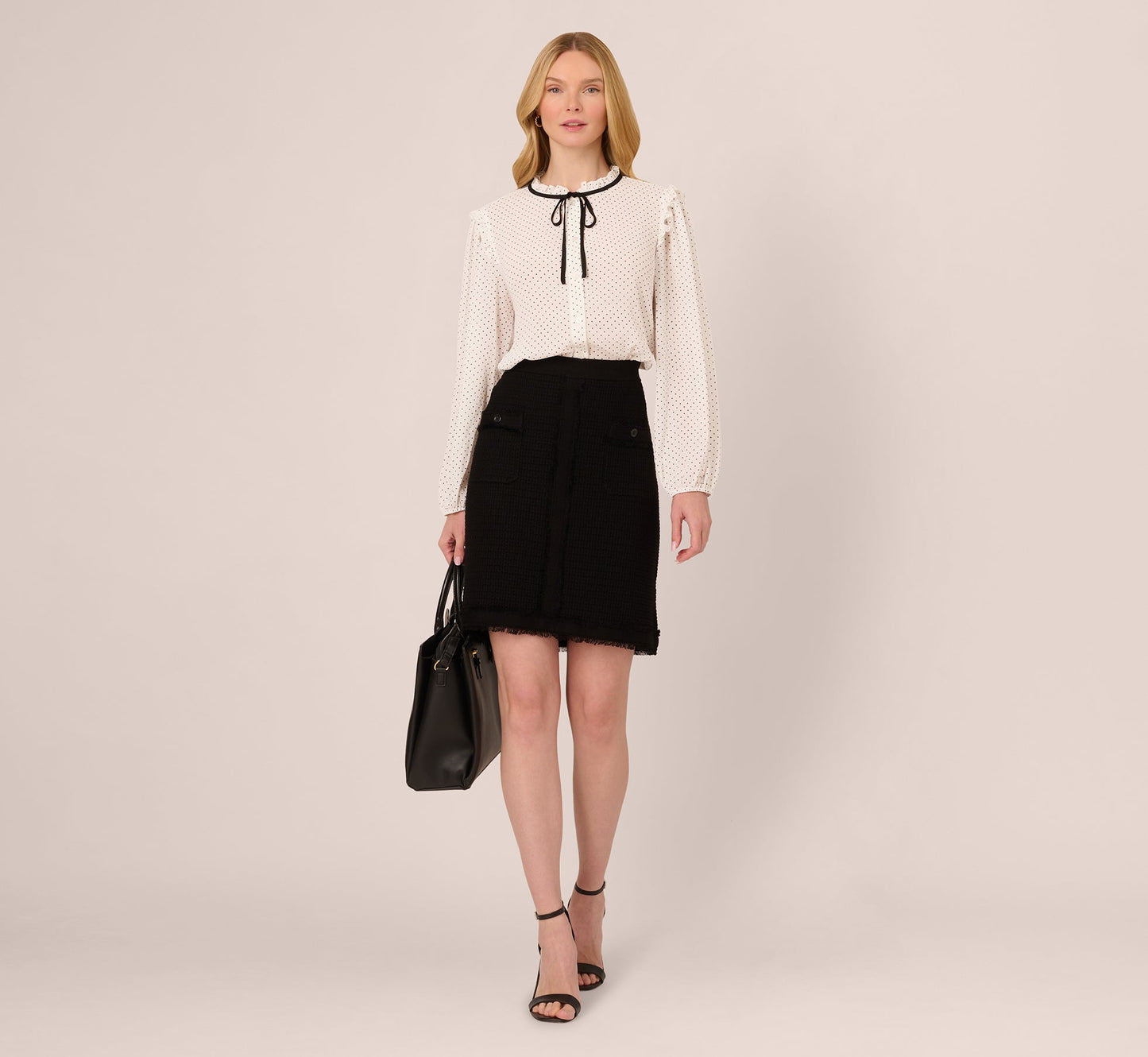 Bishop Sleeve Polka Dot Tie Neck Blouse In Ivory Miniature Dot