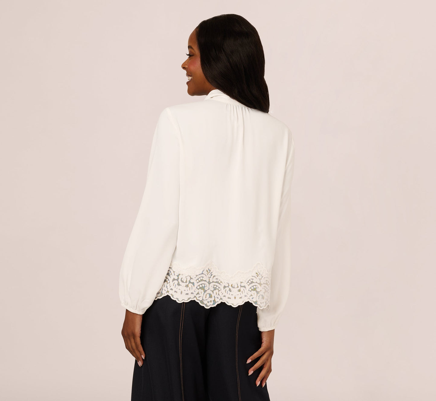 Lace Hem Tie Neck Blouse In Ivory