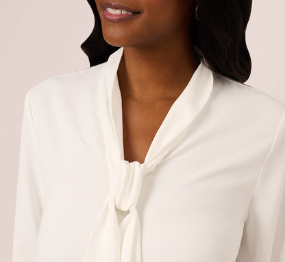 Lace Hem Tie Neck Blouse In Ivory