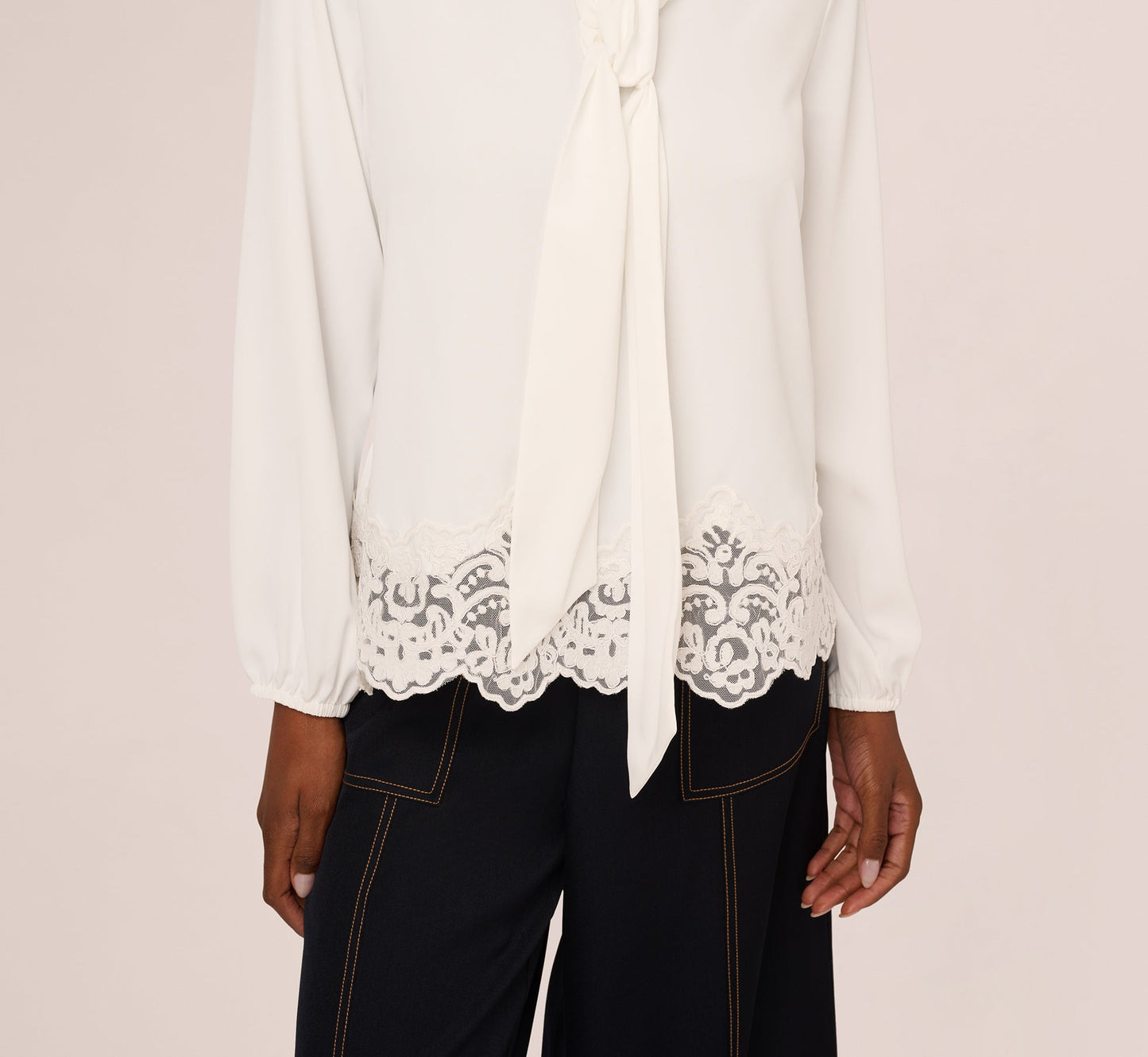 Lace Hem Tie Neck Blouse In Ivory