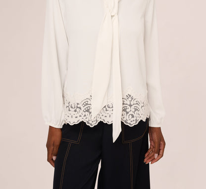 Lace Hem Tie Neck Blouse In Ivory