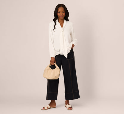 Lace Hem Tie Neck Blouse In Ivory