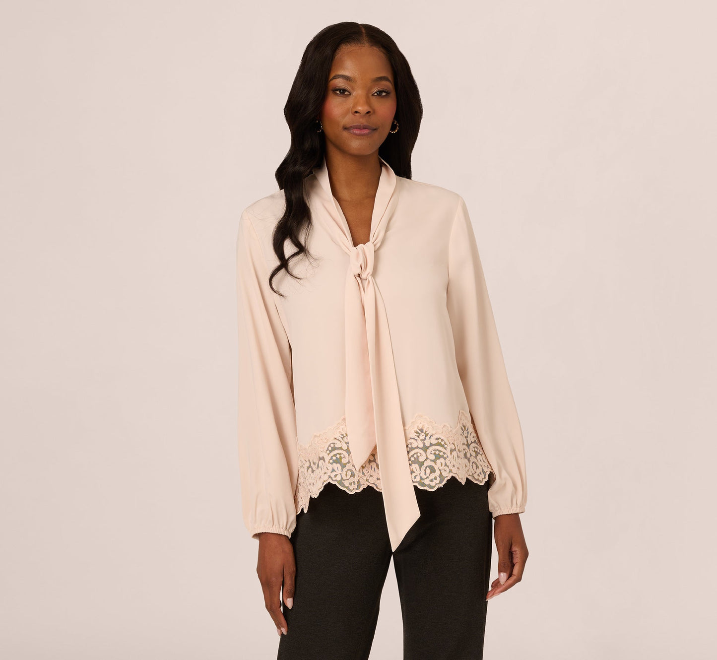 Lace Hem Tie Neck Blouse In Powder Blush