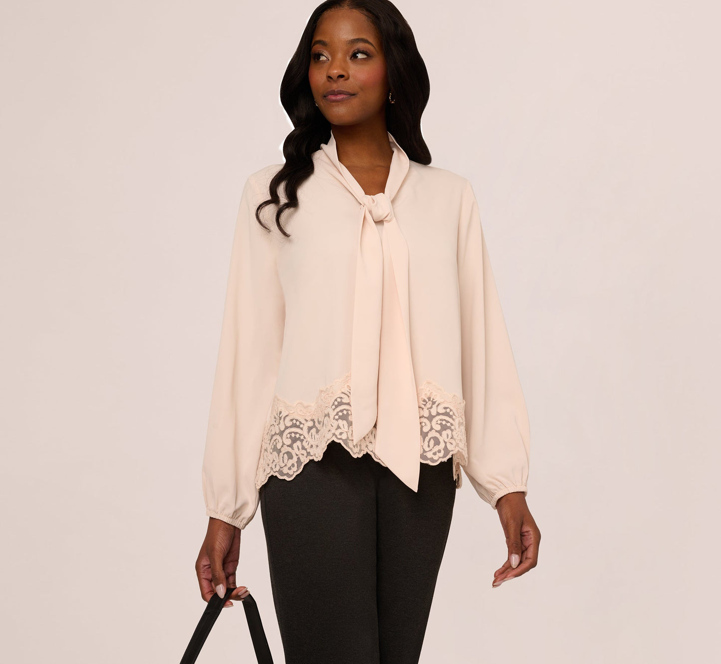 Lace Hem Tie Neck Blouse In Powder Blush