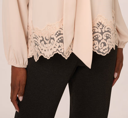 Lace Hem Tie Neck Blouse In Powder Blush