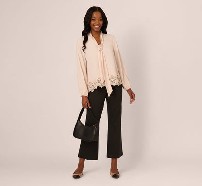 Lace Hem Tie Neck Blouse In Powder Blush