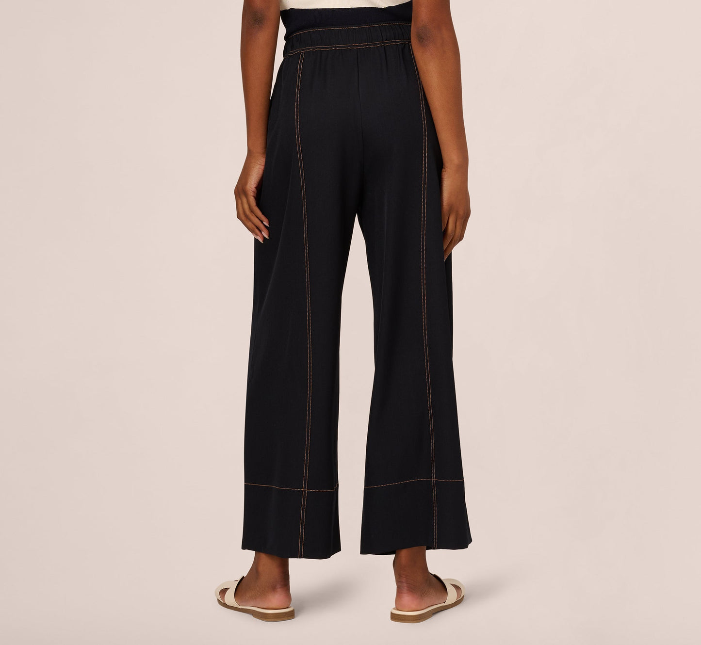 Contrast Stitched Wide Leg Drawstring Pant In Navy Khaki