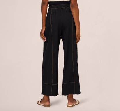 Contrast Stitched Wide Leg Drawstring Pant In Navy Khaki