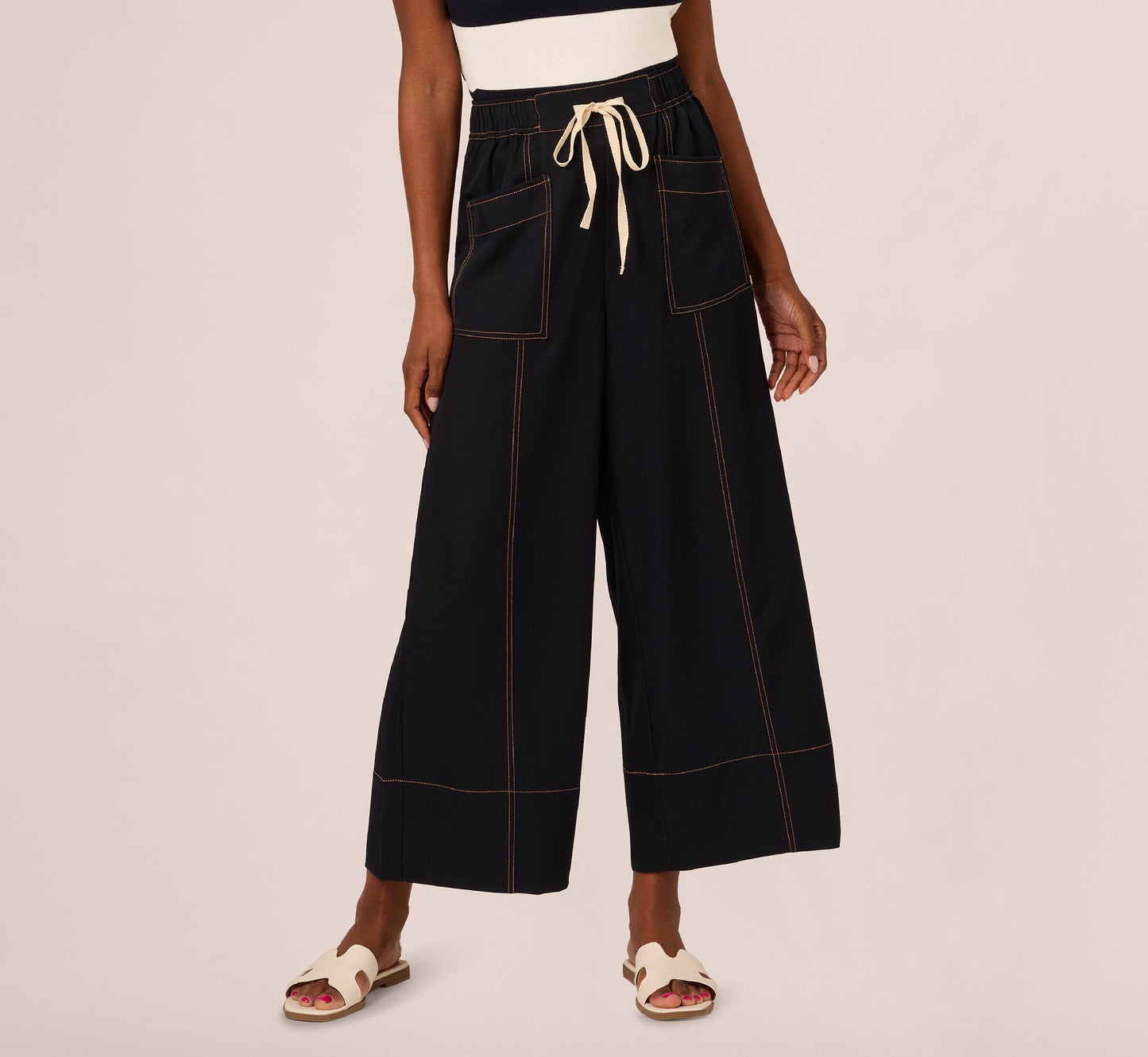 Contrast Stitched Wide Leg Drawstring Pant In Navy Khaki